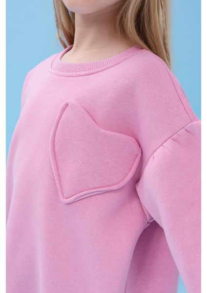 Kız Çocuk Kalp Cep Detaylı Balon Kollu Şardonlu Sweatshirt - Açık Gül modelleri