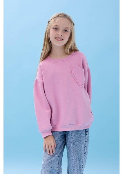 Kız Çocuk Kalp Cep Detaylı Balon Kollu Şardonlu Sweatshirt - Açık Gül fırsatları