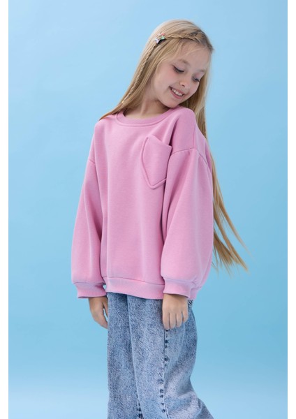 Kız Çocuk Kalp Cep Detaylı Balon Kollu Şardonlu Sweatshirt - Açık Gül indirimleri