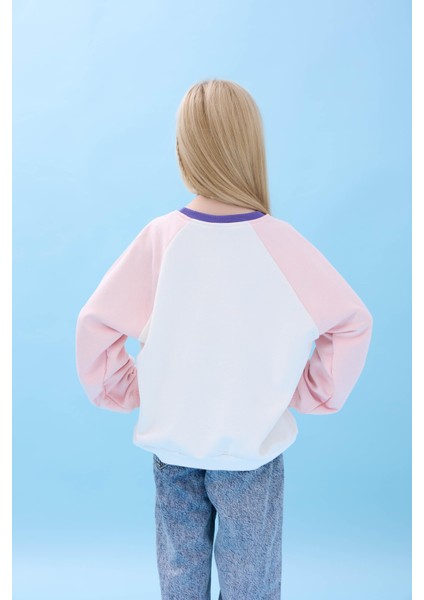 Kız Çocuk Bisiklet Yaka Renkli Basic Oversize Mevsimlik Kreş Sweatshirt - Ekru/pembe modelleri