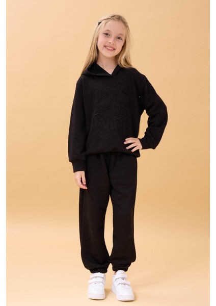 Kız Çocuk Kapüşonlu Çiçek Aplikeli Alt Üst Mevsimlik Takım – Siyah