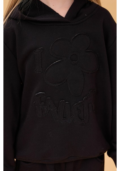 Kız Çocuk Kapüşonlu Çiçek Aplikeli Alt Üst Mevsimlik Takım – Siyah fırsatları