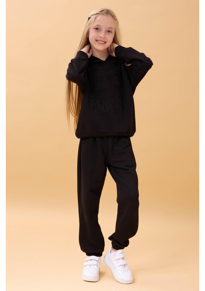 Kız Çocuk Kapüşonlu Çiçek Aplikeli Alt Üst Mevsimlik Takım – Siyah indirimleri