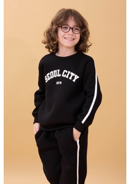 Erkek Çocuk Aplikeli Şardonlu Bisiklet Yaka Ikili Kolej Takım - Siyah