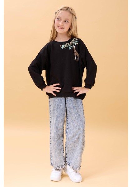 Kız Çocuk Zürafa Nakışlı Mevsimlik Oversize Sweatshirt – Siyah