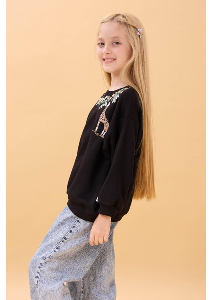 Kız Çocuk Zürafa Nakışlı Mevsimlik Oversize Sweatshirt – Siyah fiyatları