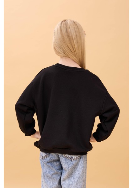 Kız Çocuk Zürafa Nakışlı Mevsimlik Oversize Sweatshirt – Siyah modelleri