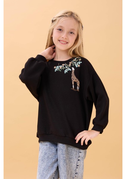 Kız Çocuk Zürafa Nakışlı Mevsimlik Oversize Sweatshirt – Siyah indirimleri