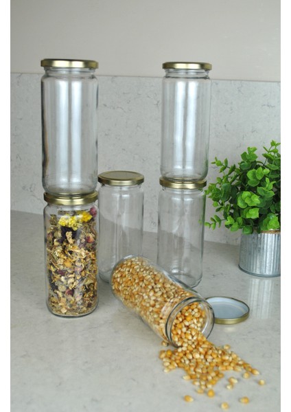 6 Adet Metal Gold Altın Kapaklı Konserve 500 cc Şeffaf Uzun Cam Kavanoz 500 ml