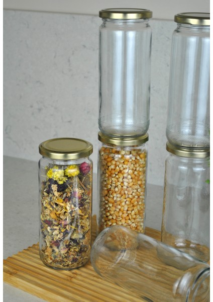 6 Adet Metal Gold Altın Kapaklı Konserve 500 cc Şeffaf Uzun Cam Kavanoz 500 ml fırsatları
