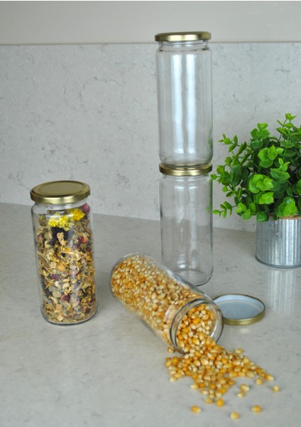 4 Adet Metal Gold Altın Kapaklı Konserve 500 cc Şeffaf Uzun Cam Kavanoz 500 ml