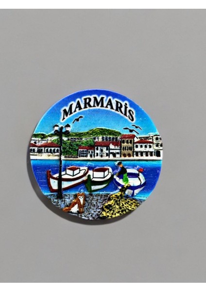 Marmaris Temalı Kabartmalı Polyester Magnet 6,5 cm Çap Lacivert