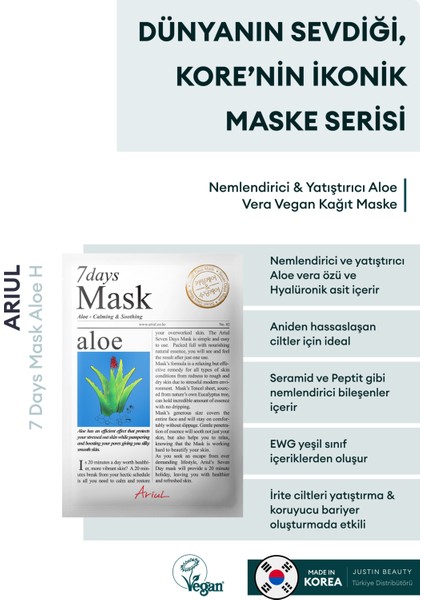 7 Days Mask Aloe H - Nemlendirici & Yatıştırıcı Aloe Vera Vegan Kağıt Maske