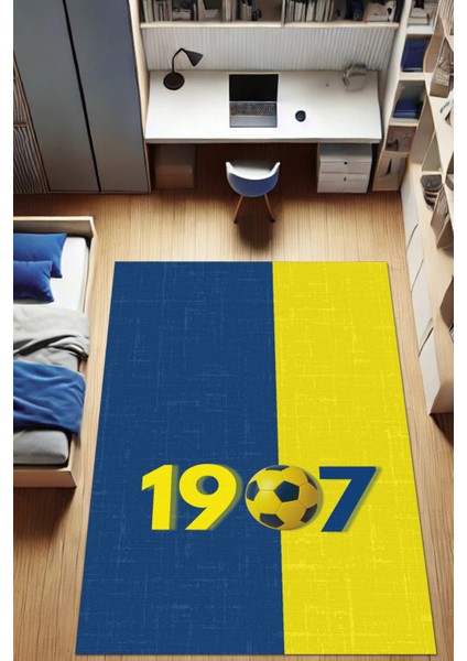 1907 Sarı Lacivert Halı Dijital Baskılı Dokuma Kaymaz Tabanlı Yıkanabilir Futbol Taraftar Halısı Genç Odası Fenerbahçe Halısı