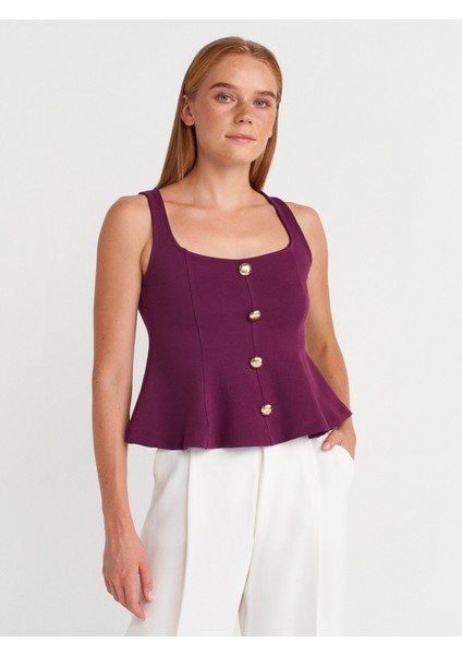 31979 Düğmeli Peplum Top-Mor