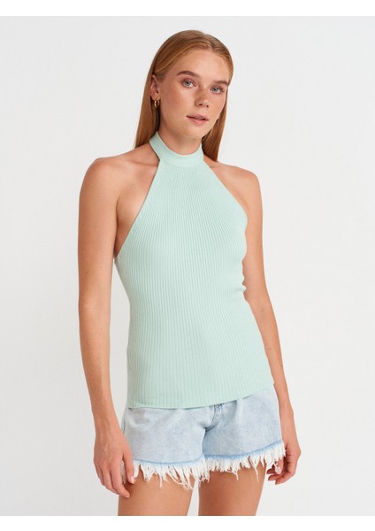 10798 Halter Bağlamalı Yaka Fitilli Triko Bluz-Mint