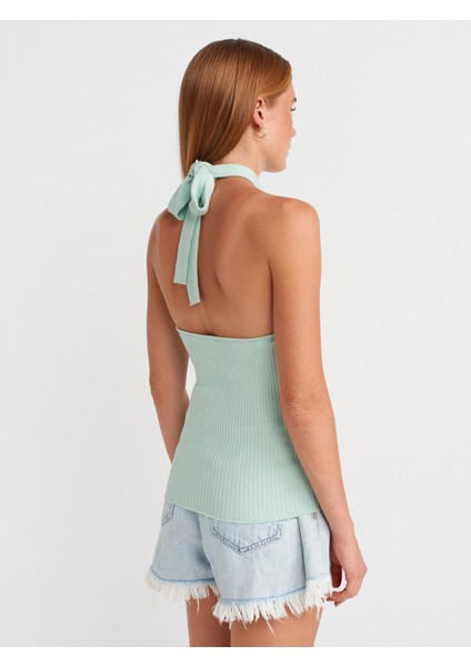 10798 Halter Bağlamalı Yaka Fitilli Triko Bluz-Mint fiyatları