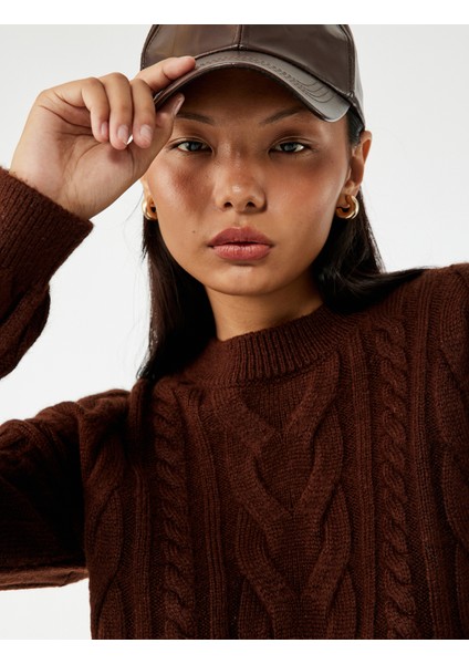 Uzun Kollu Bisiklet Yaka Saç Örgülü Triko Kazak