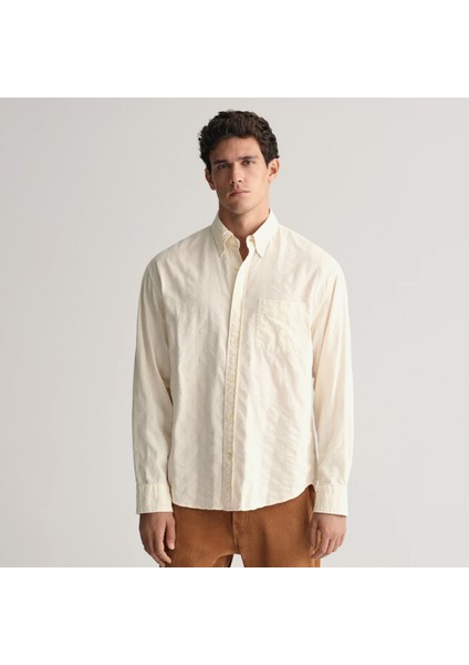 Erkek Bej Relaxed Fit Düğmeli Yaka Çizgili Gömlek