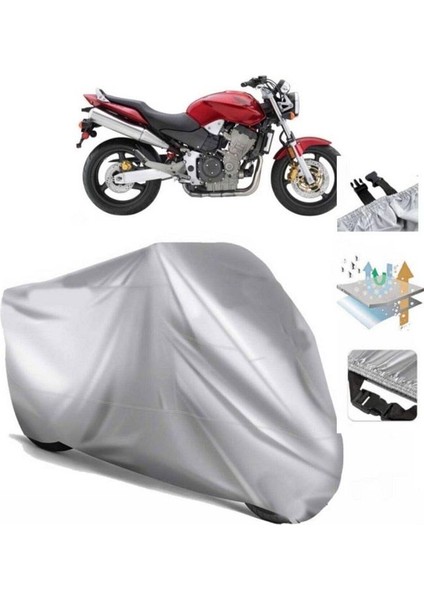 | Honda Cb 900 Hornet (Bağlantı Tokalı) Uyumlu Solarblock Prime Uyumlu Motosiklet Brandası | Su Geçirmez, %99 UV, Yansıtıcı Gümüş Üst, 360° Lastikli, Taşıma Çantalı