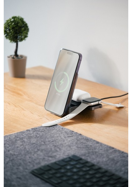 SW-CWF116 Telefon Kulaklık Akıllı Saat 15W 3 In 1 Magsafe Iq2 Kablosuz Şarj Cihazı Siyah