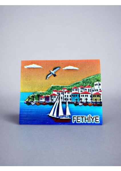 Fethiye Temalı Kabartma Polyester Magnet. 7cm x 5,5cm. Turuncu
