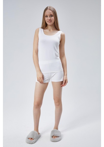 Extra Yumuşak Viskon Şort & Atlet Takım -Ekru