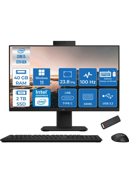 V440VAK Intel Core İ5-13420H 40GB Ddr5 2tb SSD 23.8" Fhd 100HZ 250NITS WIN11PROSIYAH Allınone Bilgisayar BSI58512B0DP19+ZETTAUSBBELLEK
