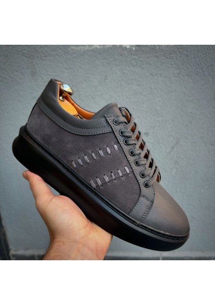 Gri Ithal Suni Deri Yüksek Taban Günlük Bağcıklı Erkek Sneaker Ayakkabı MRT000777