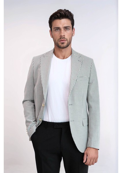 Açık Gri Kazayağı Desenli Gold Renk Metal Düğmeli Slim Fit Erkek Blazer Ceket - Wessi