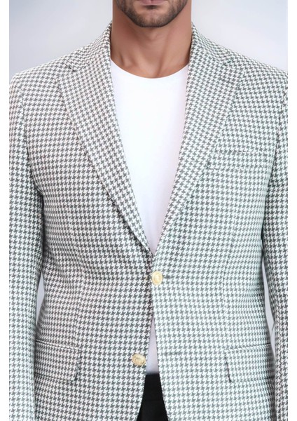 Açık Gri Kazayağı Desenli Gold Renk Metal Düğmeli Slim Fit Erkek Blazer Ceket - Wessi fiyatları