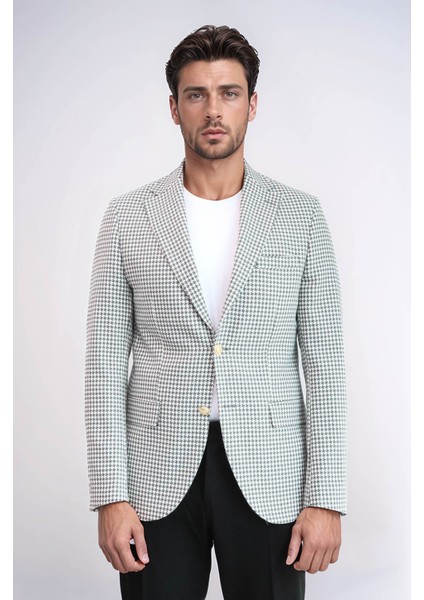 Açık Gri Kazayağı Desenli Gold Renk Metal Düğmeli Slim Fit Erkek Blazer Ceket - Wessi fırsatları