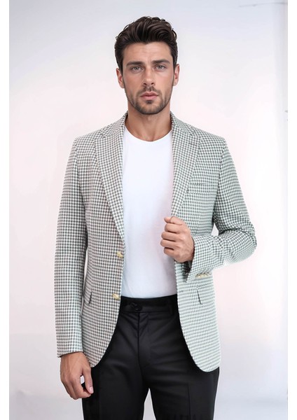 Açık Gri Kazayağı Desenli Gold Renk Metal Düğmeli Slim Fit Erkek Blazer Ceket - Wessi
