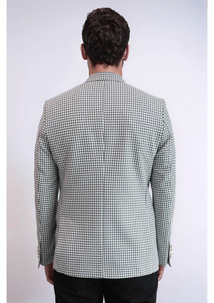 Açık Gri Kazayağı Desenli Gold Renk Metal Düğmeli Slim Fit Erkek Blazer Ceket - Wessi