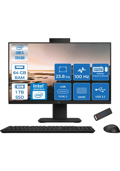 V440VAK Intel Core İ5-13420H 64GB Ddr5 1tb SSD 23.8" Fhd 100HZ 250NITS Freedos Siyah Allınone Bilgisayar BSI58512B0DF28+ZETTAUSBBELLEK