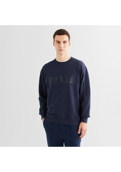 Erkek Lacivert Relaxed Fit Bisiklet Yaka Logolu Sweatshirt