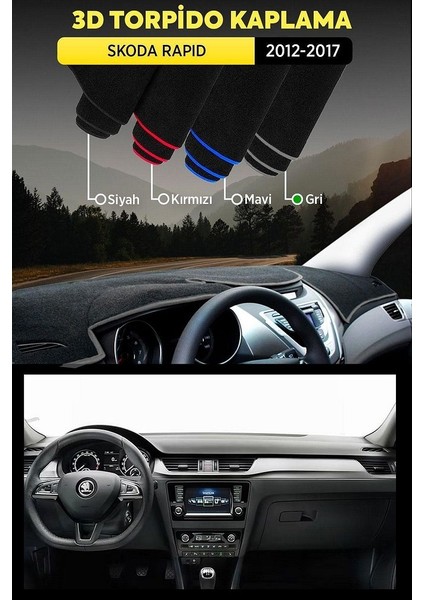 Skoda Rapıd (2012-2017) 3D Torpido Koruma Kılıfı - Ön Göğüs Kaplama - Gri Şerit