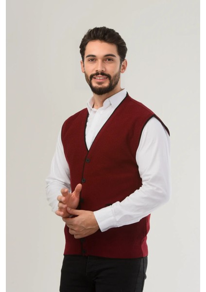 Erkek V Yaka Triko Düğmeli Cepli Çizgi Desenli Regular Fit Tüylenmeyen Örgü Yelek