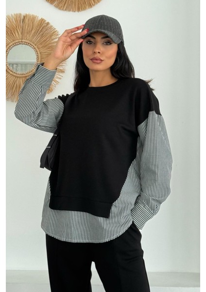 Kadın Mavi Beyaz Çizgili Modern Tasarım Uzun Kollu Gömlek Detaylı Sweatshirt Modal Takım fiyatları