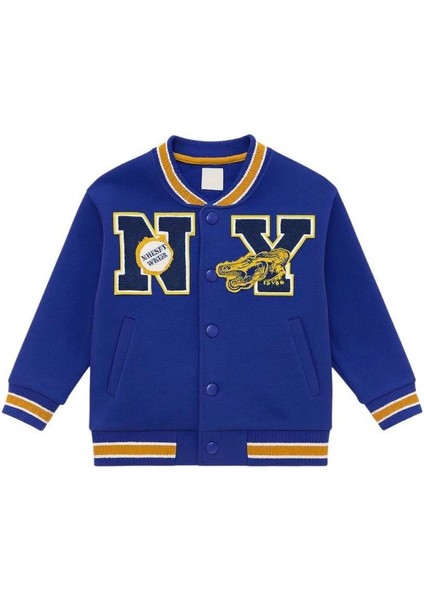 Unisex Çocuk Pamuklu Lacivert Kolej Ceket - Harf ve Ejderha Aplikeli Bomber Mont