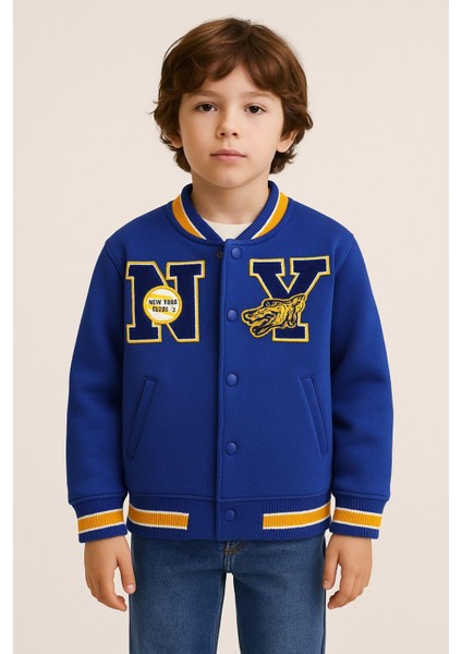 Unisex Çocuk Pamuklu Lacivert Kolej Ceket - Harf ve Ejderha Aplikeli Bomber Mont fiyatları