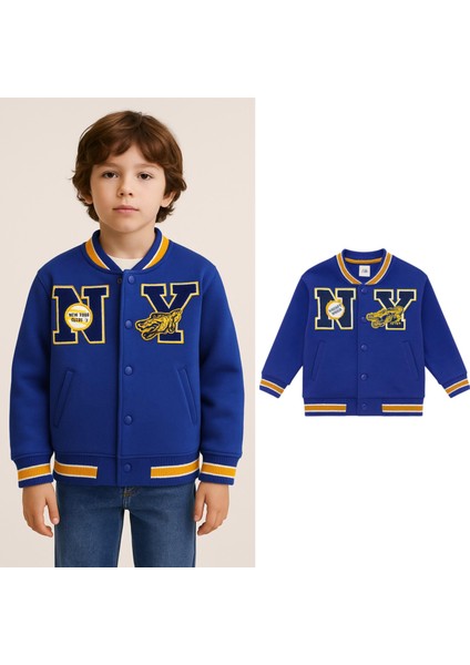 Unisex Çocuk Pamuklu Lacivert Kolej Ceket - Harf ve Ejderha Aplikeli Bomber Mont modelleri