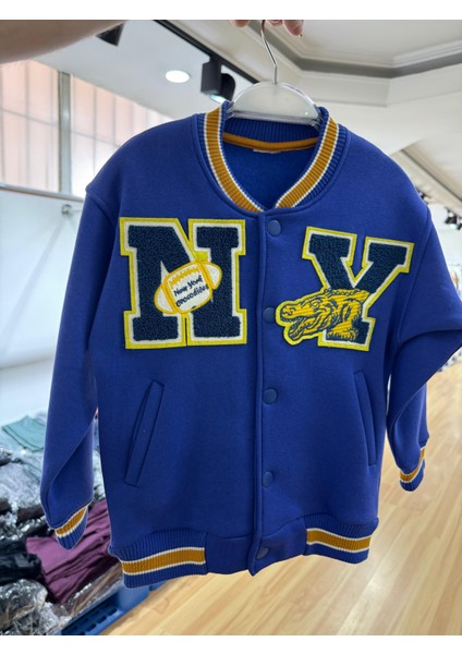 Unisex Çocuk Pamuklu Lacivert Kolej Ceket - Harf ve Ejderha Aplikeli Bomber Mont fırsatları