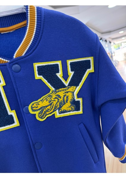 Unisex Çocuk Pamuklu Lacivert Kolej Ceket - Harf ve Ejderha Aplikeli Bomber Mont indirimleri