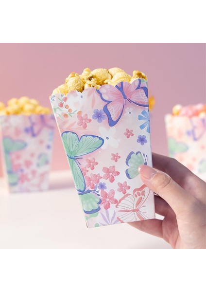 Kelebek Desenli Karton Popcorn Kutusu, 8 Adet, 11.5x8.5x6.5 Cm, Pembe Çiçek Desenli