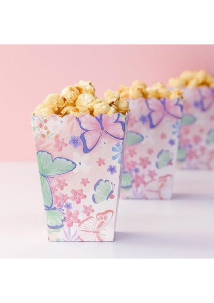 Kelebek Desenli Karton Popcorn Kutusu, 8 Adet, 11.5x8.5x6.5 Cm, Pembe Çiçek Desenli modelleri