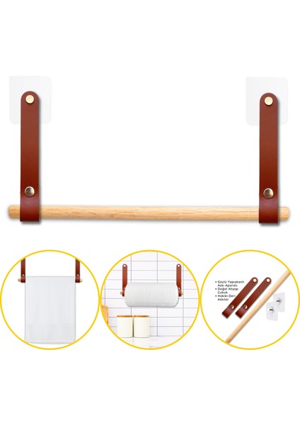 Dekoratif Mutfak Banyo Kağıt Havluluk, Yapışkanlı Pratik Deri & Ahşap Raf Altı Havlu Askısı Peçetelik