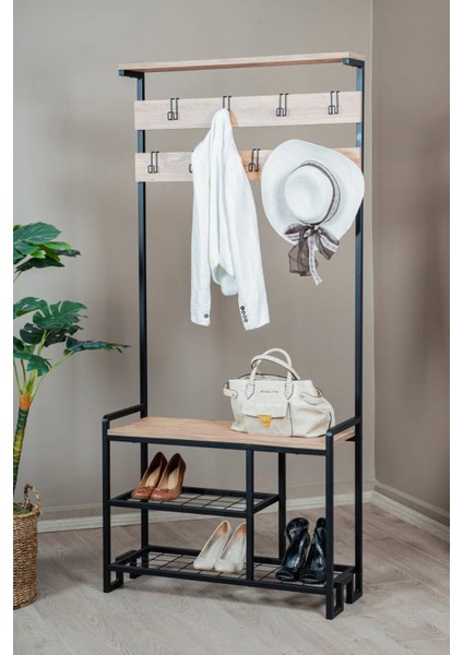 Metal Gövdeli Portmanto ve Ayakkabılık – Ahşap Raflı Çok Amaçlı Askılık Dolabı (85X35X170 Cm) fiyatları