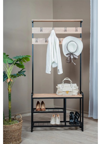 Metal Gövdeli Portmanto ve Ayakkabılık – Ahşap Raflı Çok Amaçlı Askılık Dolabı (85X35X170 Cm) modelleri