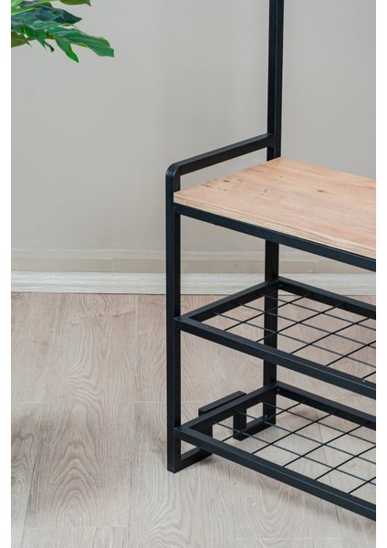 Metal Gövdeli Portmanto ve Ayakkabılık – Ahşap Raflı Çok Amaçlı Askılık Dolabı (85X35X170 Cm)